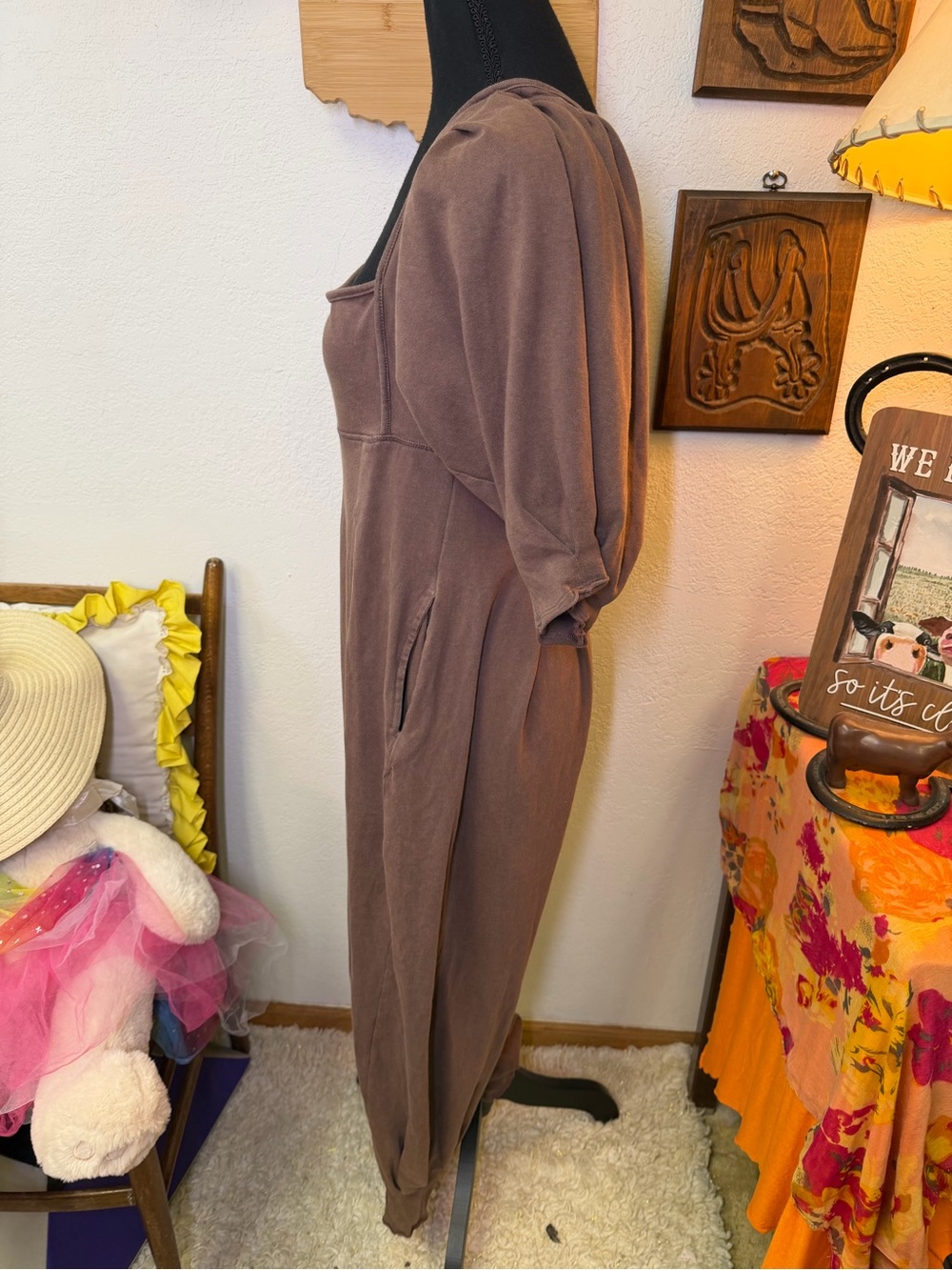 Intimately Free People Off Shoulder Empire Waist Jogger Harem Jumpsuit XS Brown - Picture 13 of 16
